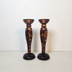 VTG Tortoiseshell Lucite Candlestick Holders Pillar Brown Red Mid Century Modern